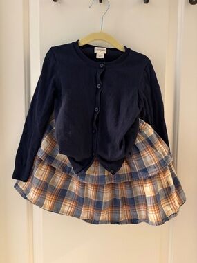 Crewcuts Navy Cardigan with Blue & Tan Plaid Skirt Set